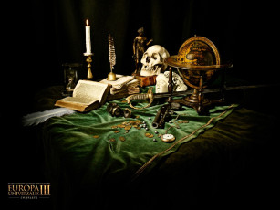 обоя видео игры, europa universalis iii,  complete, скатерть, перья, глобус, книги, череп, свечи, сабля, монеты