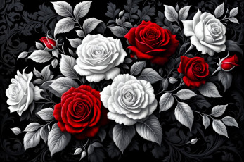 обоя рисованное, цветы, розы, бутоны, листья