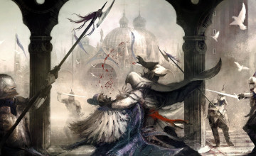 Картинка видео+игры assassin`s+creed+ii ассасин эцио жертва рыцари оружие колонны собор