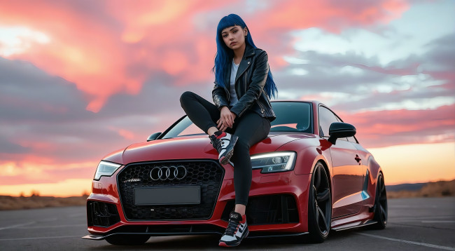Обои картинки фото red audi and girl, разное, компьютерный дизайн, audi, girl, ai, art, generated, clouds, road