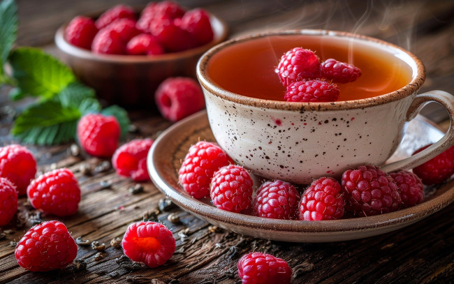 Обои картинки фото 3д графика, еда-, food, малина, ягоды, блюдца, чашка, листья, чай
