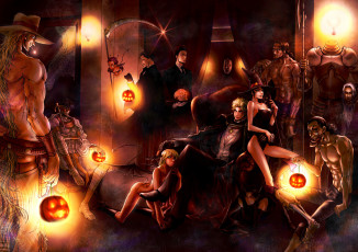 Картинка праздничные хэллоуин тыквы кресло монстры коса демон доспех мумия шляпа комната череп