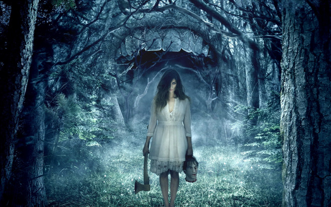 Обои картинки фото one, way, trip, 3d, кино, фильмы, топор, зубы, лес, голова