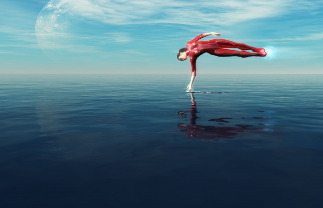 Обои картинки фото 3д, графика, fantasy, фантазия, вода, девушка, полёт, земля