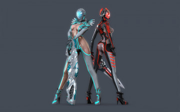 Картинка 3д графика creatures существа серый фон минимализм оружие костюмы девушки