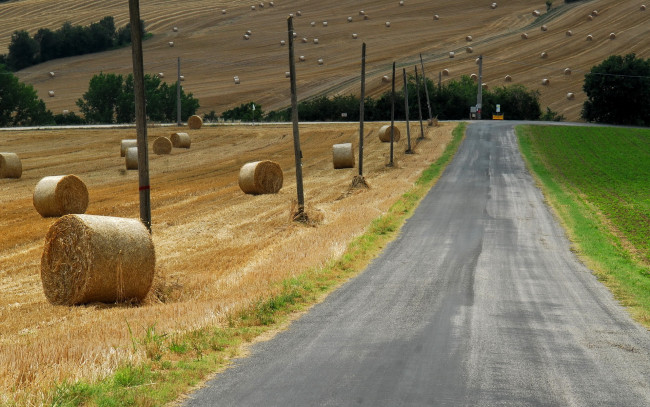 Обои картинки фото природа, дороги, поле, дорога, сено