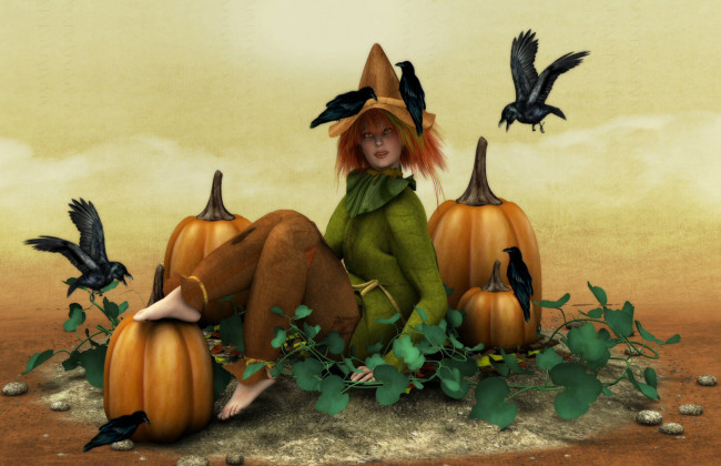 Обои картинки фото 3д, графика, holidays, праздники, тыквы, вороны