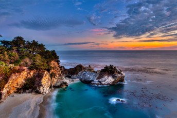 Картинка pfeiffer burns state park big sur california природа побережье калифорния биг-сюр pacific ocean скалы закат mcway falls водопад маквей тихий океан julia