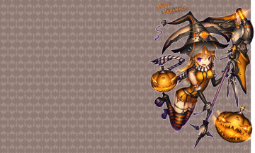 Картинка аниме -halloween+&+magic тыквы шляпа посох улыбка монстр девушка
