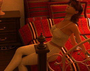 Картинка 3д+графика люди+ people взгляд девушка кровать фон