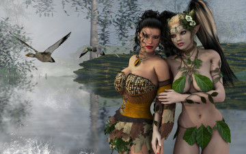 Картинка 3д+графика фантазия+ fantasy фон утки эльфийка взгляд девушка