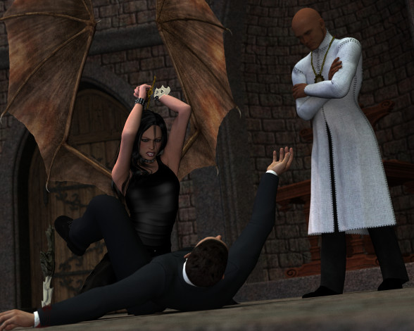 Обои картинки фото 3д графика, фантазия , fantasy, мужчины, демон, фон, взгляд, девушка