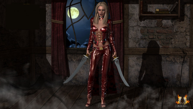 Обои картинки фото 3д графика, фантазия , fantasy, девушка, оружие, фон, взгляд