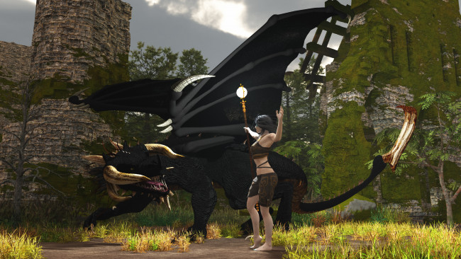 Обои картинки фото 3д графика, фантазия , fantasy, дракон, фон, тотем, девушка, взгляд