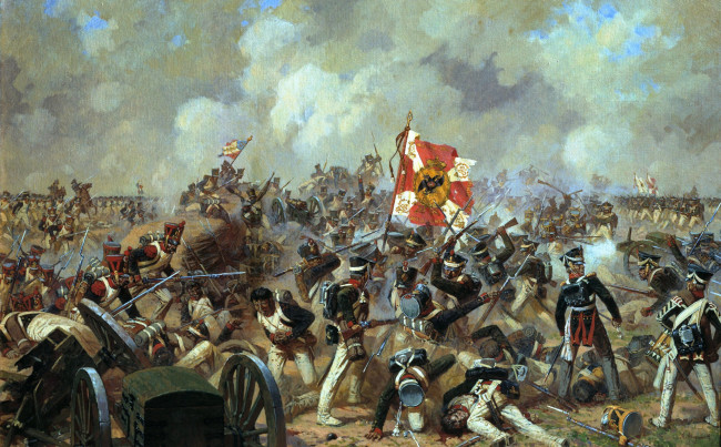 Обои картинки фото бой за багратионовы флеши, рисованное, александр аверьянов, флаг, боц, сражение, армии, тучи, знамя