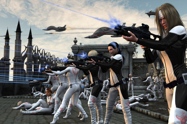 Обои картинки фото 3д графика, фантазия , fantasy, оружие, фон, взгляд, девушки