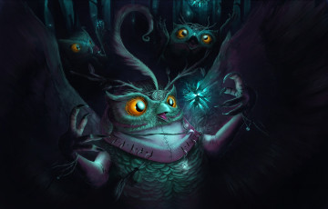 Картинка фэнтези существа птицы свечение лес темно ночь совы