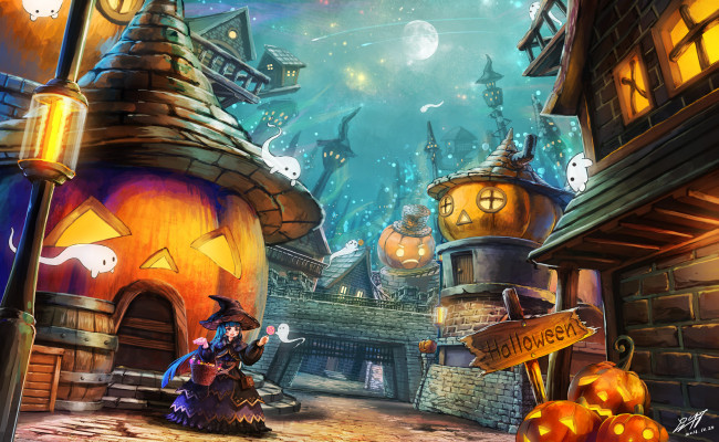 Обои картинки фото аниме, магия,  колдовство,  halloween, призраки, город