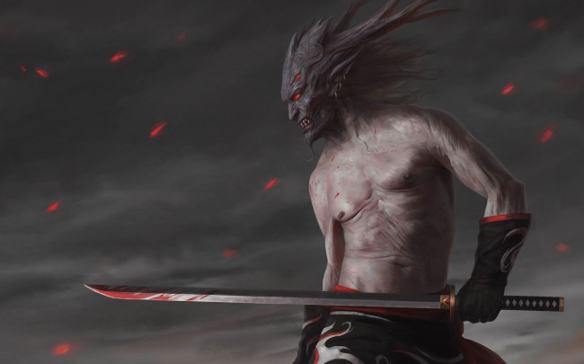 Обои картинки фото фэнтези, демоны, меч, перчатки, искры, демон