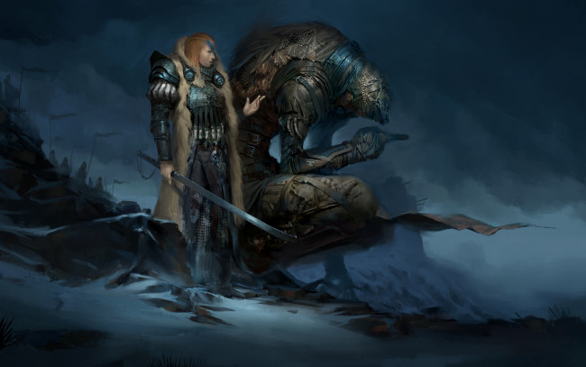 Обои картинки фото фэнтези, красавицы и чудовища, монстр, glenyr, perforth, history, of, the, northern, lands, скалы, девушка, меч, мрачно, армия, арт, тучи