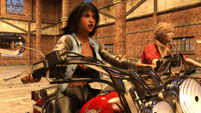 Обои картинки фото 3д графика, люди-авто, мото , people- car ,  moto, мотоцикл, фон, взгляд, девушки