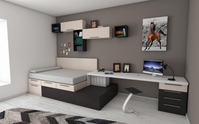 Обои картинки фото интерьер, детская комната, картина, письменный, стол, ноутбук