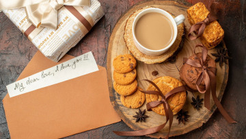 Картинка праздничные день+святого+валентина +сердечки +любовь подарок кофе печенье записка признание надпись