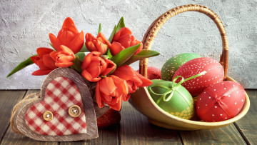 Картинка праздничные пасха тюльпаны корзинка писанки сердце