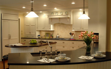 Картинка интерьер кухня плита шкафчики барная стойка букет