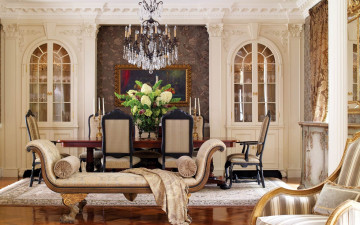 обоя интерьер, столовая, люстра, стол, стулья, свечи, букет