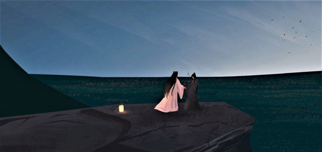 Обои картинки фото аниме, mo dao zu shi, лань, ванцзи, вэй, усянь, фонарь, берег