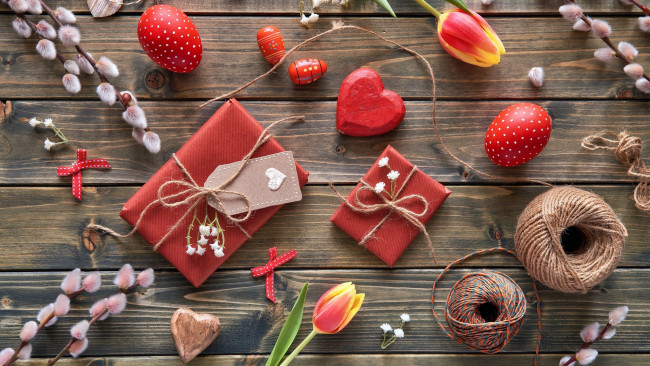 Обои картинки фото праздничные, пасха, тюльпан, подарки, писанки, верба