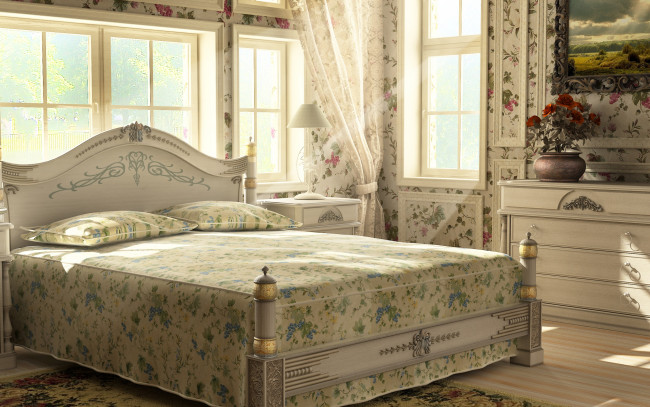 Обои картинки фото интерьер, спальня, кровать, настольная, лампа, картина