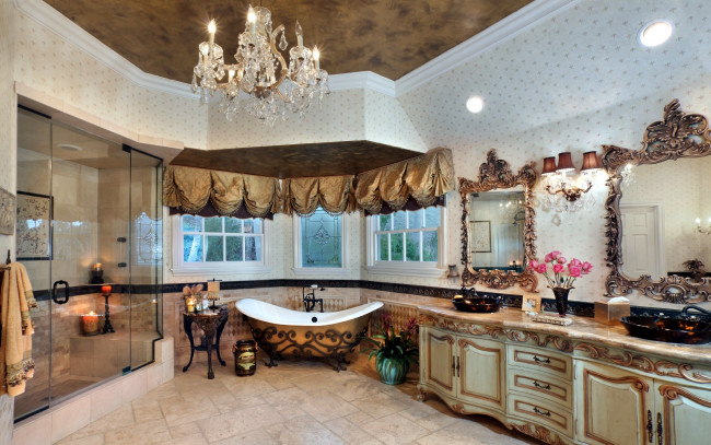 Обои картинки фото интерьер, ванная и туалетная комнаты, роскошная, ванная, комната, ванна, зеркала
