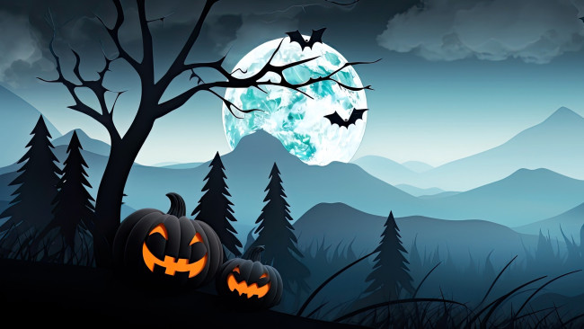Обои картинки фото рисованное, праздники, хэллоуин, тыквы, деревья, горы, летучие, мыши, луна