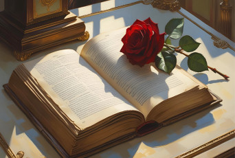 обоя рисованное, цветы, открытая, книга, алая, роза