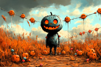 обоя фэнтези, нежить, праздник, хэллоуин, гирлянда, тыквы, существо, листья, поле