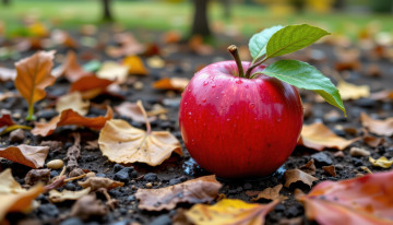 обоя 3д графика, еда-, food, листья, красное, яблоко