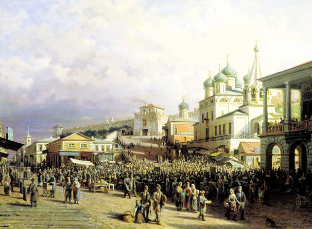 Обои картинки фото рисованное, пётр верещагин, город, площадь, люди