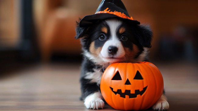 Обои картинки фото разное, компьютерный дизайн, щенок, шляпа, тыква