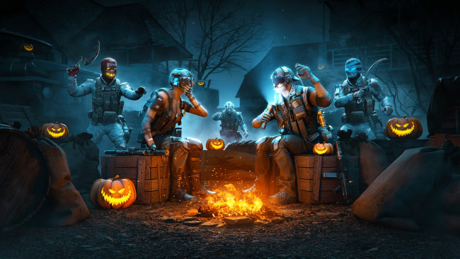 Обои картинки фото видео игры, warface, дома, деревня, машина, люди, маски, оружие, ящики, тыквы, костер