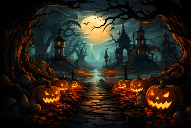 Обои картинки фото рисованное, праздники, хэллоуин, тыквы, ночь, луна, деревья, дорожка, дома