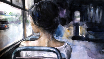 Картинка рисованные люди девушка автобус поездка окно