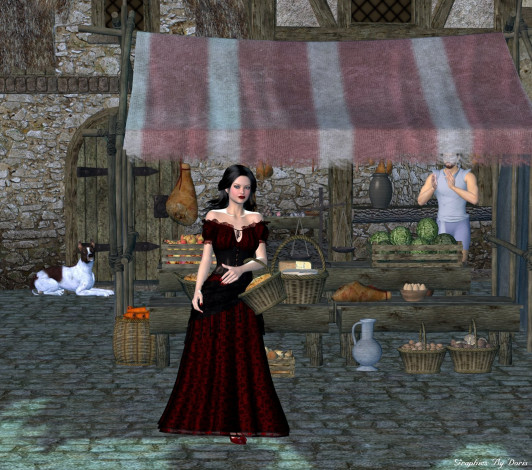 Обои картинки фото 3д, графика, people, люди, базар, фруктыкорзины, собака, девушка