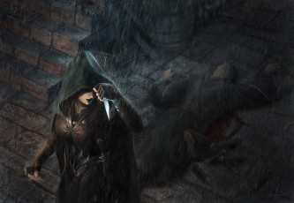 Картинка фэнтези девушки накидка дождь ассасин девушка убийца вор кровь смерть