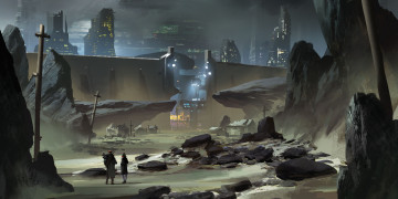 Картинка фэнтези иные+миры +иные+времена город скалы врата люди стена