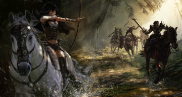 Картинка фэнтези всадники +наездники кони девушка нежить лук погоня