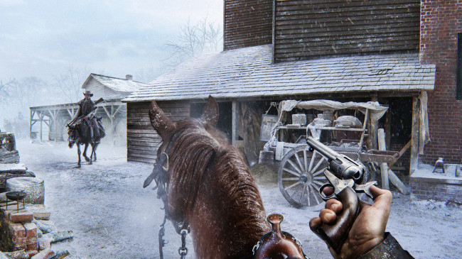 Обои картинки фото фэнтези, всадники,  наездники, ковбои, лошади, револьвер, конюшня