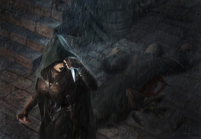 Обои картинки фото фэнтези, девушки, накидка, дождь, ассасин, девушка, убийца, вор, кровь, смерть