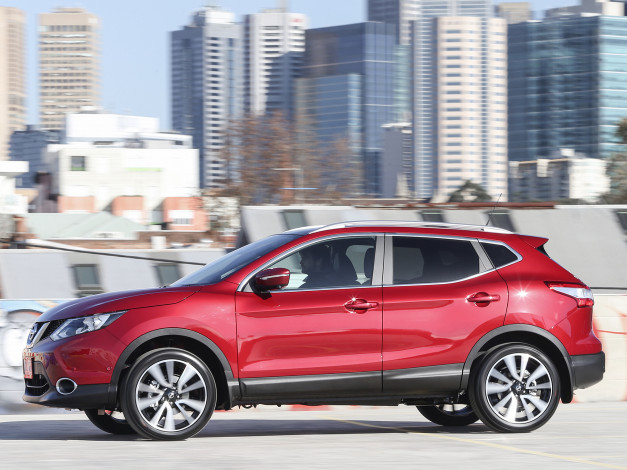 Обои картинки фото автомобили, nissan, datsun, qashqai, красный, 2014г, au-spec